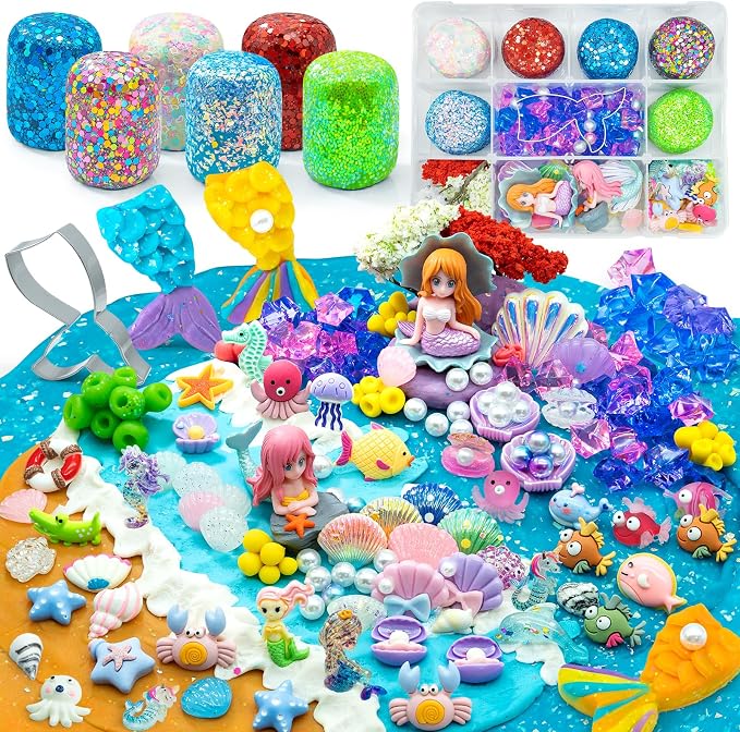 SIMPLIPLAY Mermaid Sensory Kit, 18oz 6 Pcs Glitter Doughs | Non-Toxic Play Dough Set with Accessories(150 Pcs+), Sensory Dough Kit for Kids 3 4 5 6 Year Old with Cutter, Mermaid Toys