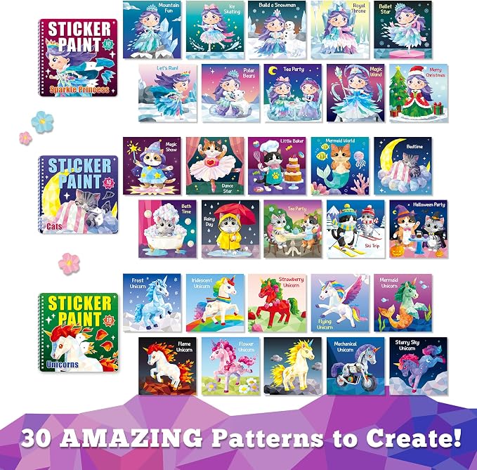 Elite Panda Sticker by Number Books for Kids Ages 4-8, 3-Pack, Unicorn Cat | 30 Sticker Pictures. Paint with Stickers Activity for Girls & Boys. Travel Toys, Car Rides & Quiet Time. Birthday Gift