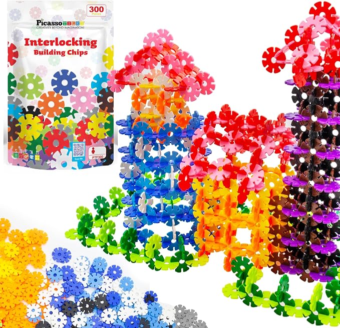 PicassoTiles 300 Piece Interlocking Disc Building Chips, STEM Toy for Kids | 300PCS, colorful connecting discs, creative block set, logic development activity, vibrant shapes, preschool ages 3 and older
