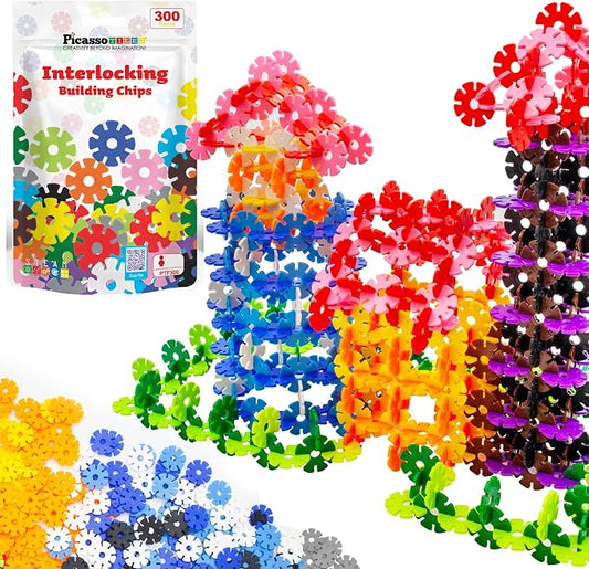 PicassoTiles 300 Piece Interlocking Disc Building Chips, STEM Toy for Kids | 300PCS, colorful connecting discs, creative block set, logic development activity, vibrant shapes, preschool ages 3 and older