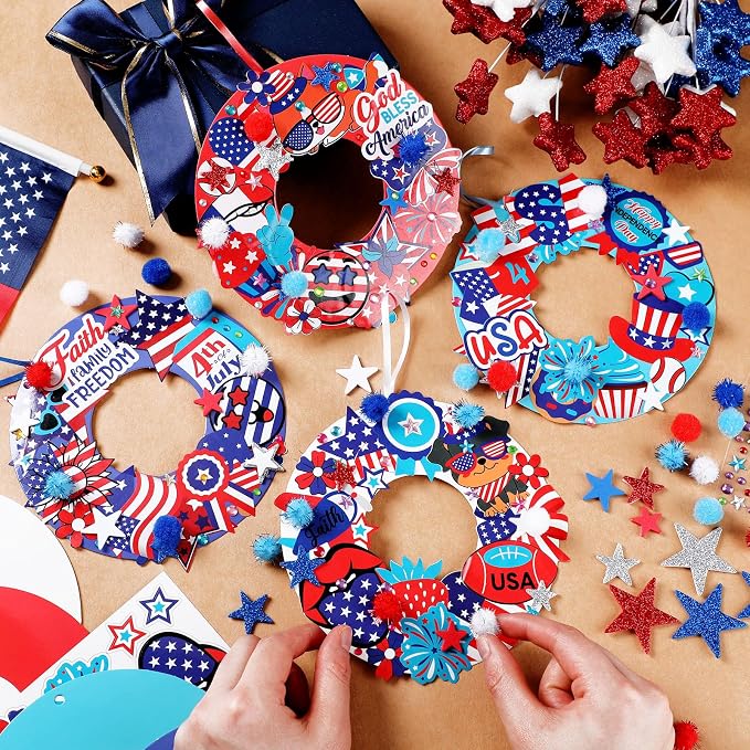 Hollowfly 48 Sets Patriotic Craft Kit, 4th of July Wreath DIY Paper | Pre-cut Foam Paper Pieces for Easy Assembly, Kids Classroom Party Crafts, Memorial Independence Day 250th Anniversary Decor
