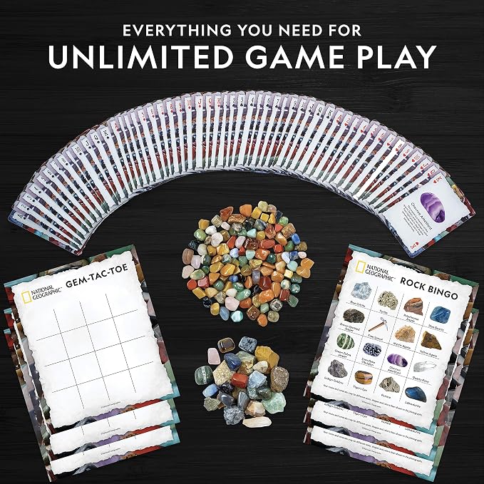 National Geographic Rock Bingo and Gemstone Trivia Game for Kids | 150+ Rocks and Minerals, Rock Bingo, Mineral Memory, Gemstone Trivia and Card Games, Geology Learning, Family Game