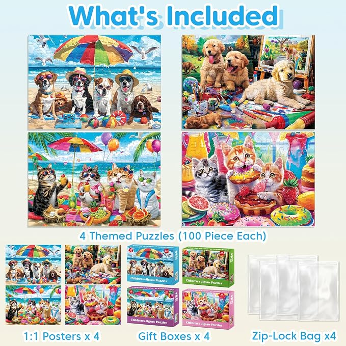 Jeacirio 4 Pack 100 Piece Puzzles for Kids Ages 4-6 6-8 8-10, Dog Cat Jigsaw Puzzles for Kids, Large Piece Educational Puzzle Toys with Posters & Bags, Gifts for Boys Girls