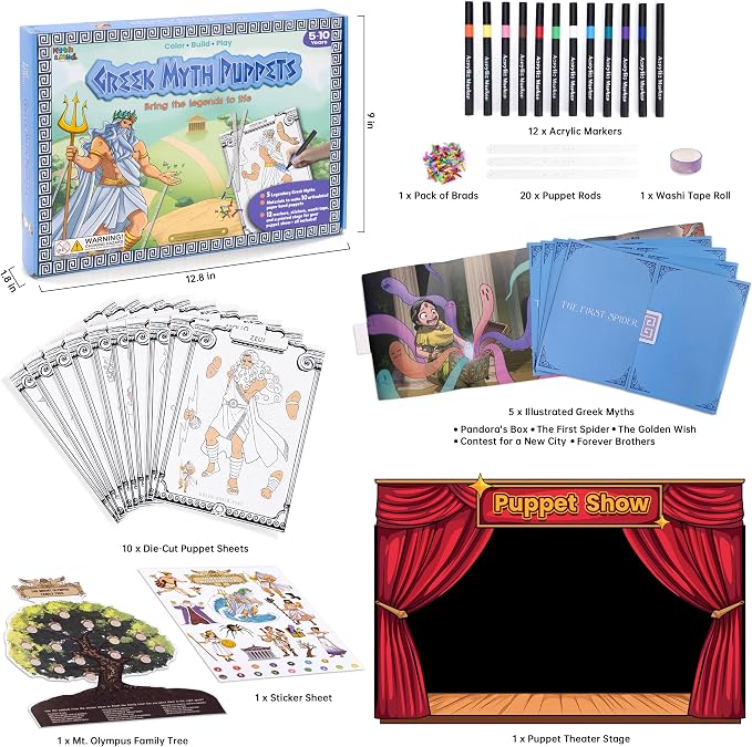 Greek Myths DIY Craft Kit for Kids Ages 5–10, Articulated Paper Puppets to Color, Build & Play, Bring Ancient Legends to Life, Fun Educational Gift (Daytime Adventure)