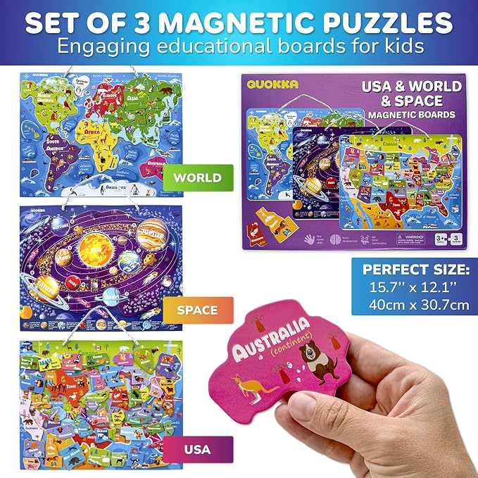 Magnetic Puzzles for Kids Ages 3-5 — 3 Educational Toddlers Puzzle Ages 2-4 | Magnet Space, USA and World Map Kids Puzzles Ages 4-6 — Learning United States Puzzles for Children Ages 6-8