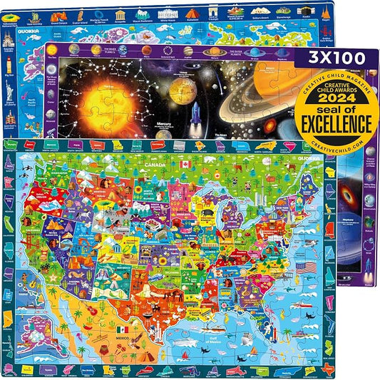 100 Piece Puzzles for Kids Ages 6-8 - 3 Jigsaw Kids Puzzles Ages 4-6 | Learning United States, World Map, Space - Toddlers Puzzles for Ages 5-8 - Kids Puzzles Ages 8-10-12 Year Old Educational