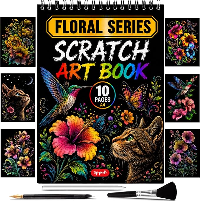 Scratch Art Book for Adults - Floral Series, 10 Rainbow Art and Crafts for Adults | Adult scratch art & foil art for adults kit | stress relief scratch painting, screen-free travel craft | scratch art adult
