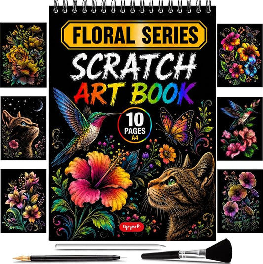 Scratch Art Book for Adults - Floral Series, 10 Rainbow Art and Crafts for Adults | Adult scratch art & foil art for adults kit | stress relief scratch painting, screen-free travel craft | scratch art adult