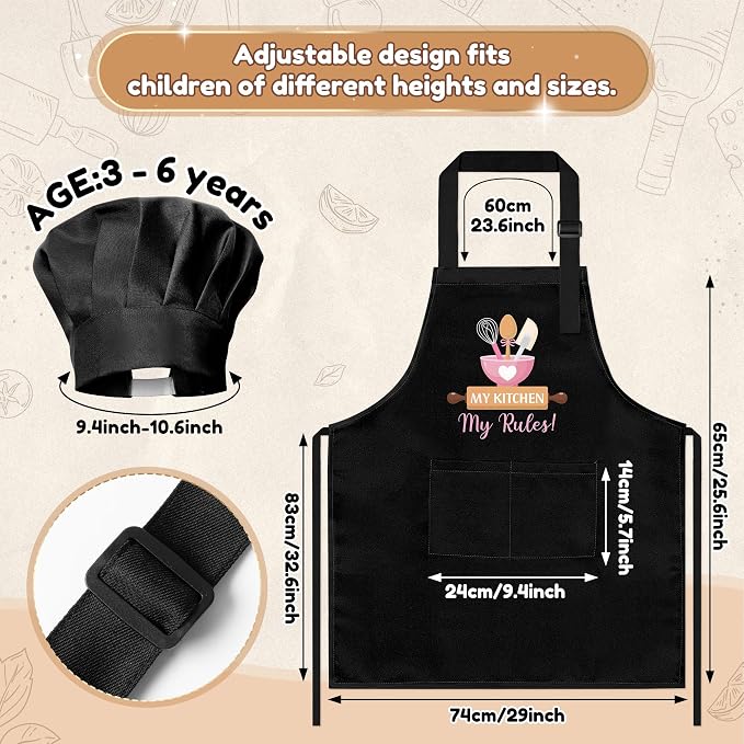 R HORSE Kid Apron and Chef Hat Set 2Pcs Adjustable Black My Kitchen Children Kitchen Apron, Dress up Role Play Chef Toy Funny Cooking Baking Painting and Training Kits for Kids Birthday Holiday Gift