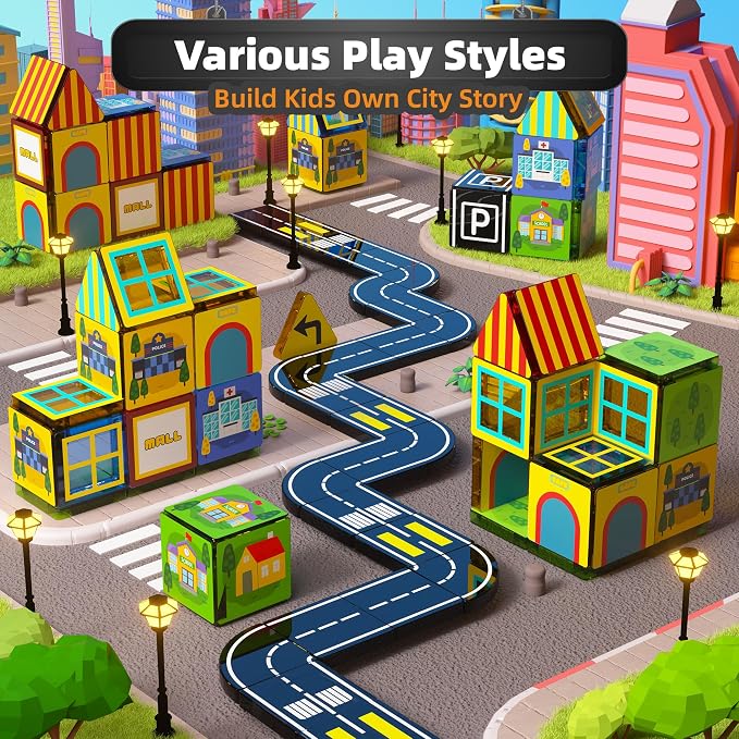 GobiDex 60PCS Mini Magnetic Tiles City Road Set with 4 Cars | Travel Magnetic Blocks Building Toys for Boys & Girls Ages 3+, Montessori Educational Birthday Gifts