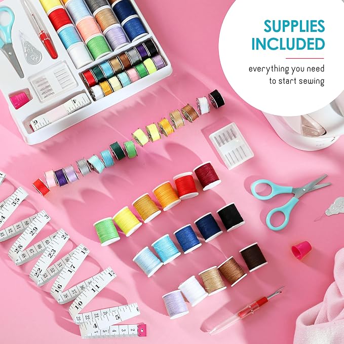 CraftBud Mini Sewing Machine for Beginners, Adults and Kids Sewing Machine | 48-Piece Sewing Kit Accessories, Portable, Dual Speed, Extension Table, Foot Pedal, Built-in Light, Guide Book & More, White
