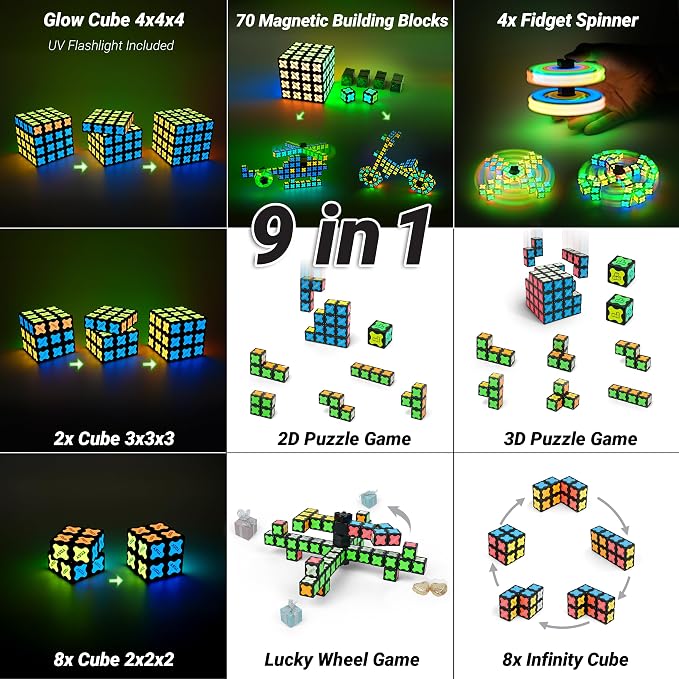 TOSY Magnet Cube 4x4 - 560 Magnets, 70 Blocks, 8 in 1 Toy: Puzzle Cube Game, Creative Building Blocks, Transformable Fidget Spinner, Infinity Cube, Magnet Tiles, UV Flashlight, Glowing STEM/STEAM Toy