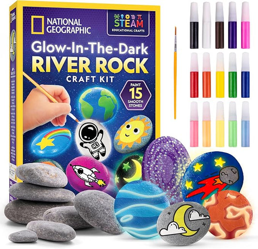 National Geographic Glow-in-the-Dark Rock Painting Craft Kit for Kids | 15 River Rocks, 15 Paint Colors, Glow Paints, Brushes and Art Supplies, Kids Craft Activity, Creative Birthday Gift