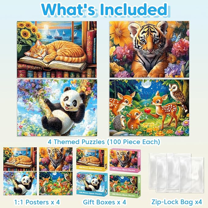 Jeacirio 4-Pack 100 Pieces Puzzles for Kids Ages 4-6 6-8 Panda Tiger Deer Cat Puzzles 100 Pieces Jigsaw Puzzles for Kids 8-10 Year Old, Large Piece Puzzle for Seniors, Puzzle Toys for Boys and Girls