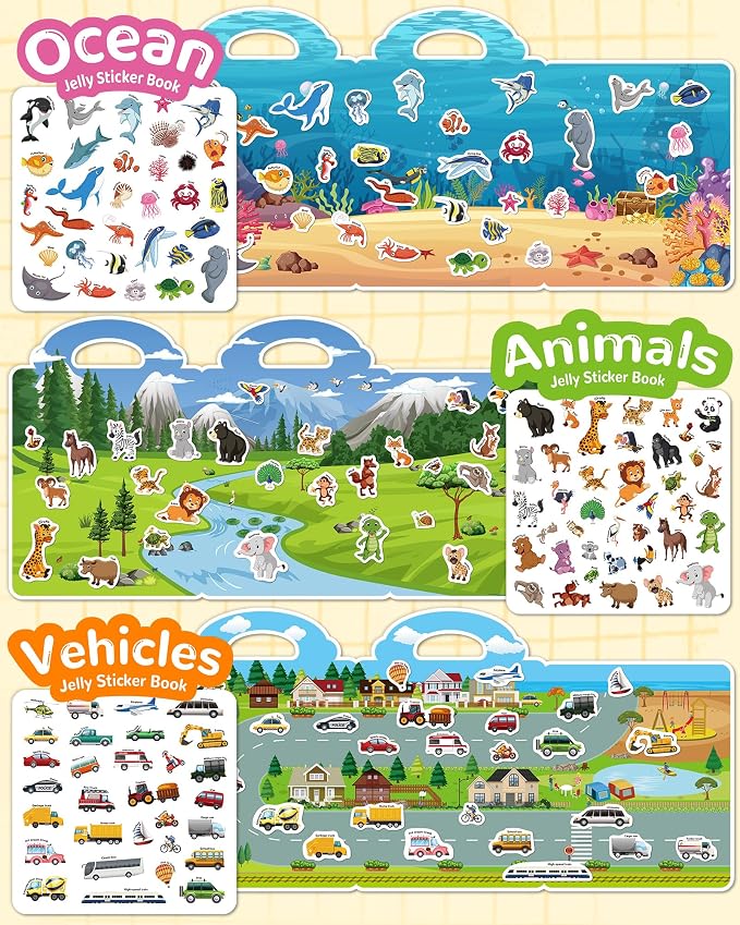 Zartores 6 Pack Jelly Reusable Sticker Book for Toddlers, Stickers for Kids | Screen-Free Travel Toys, Mess-Free Toddler Activities Toys, Airplane Car Road Trip Essentials Kids, Boys Girls Birthday Gift