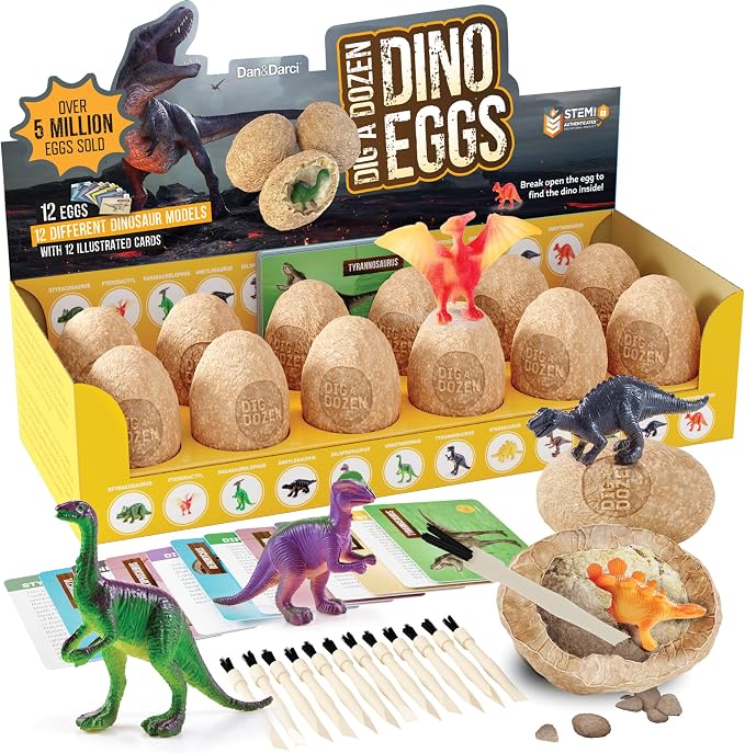 Dig a Dozen Dino Egg Kit for Kids - 12 Eggs & Surprise Dinosaurs | Dinosaur Toys Gift 3-12 Year Old - Science STEM Activities - Boy Toy Party Gifts for Boys & Girls - Basket Stuffers