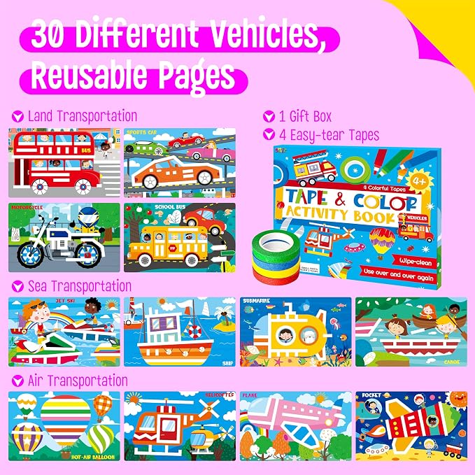 SpriteGru Tape Activity Book, 30 Dry Erase Vehicle Patterns and 4 Colorful Tapes, Reusable & Erasable Pages and Easy-Tear Tapes, Fun and Creative Game Pad for Road Trip, Travel, At Home