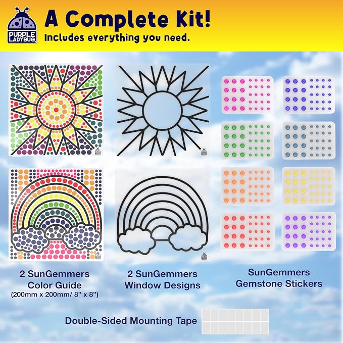 SunGemmers Suncatcher Kits for Kids, No Mess Crafts for 5 Year Old Girls | 2 Designs, Hundreds of Peel & Stick Colorful Gems, Hand-Eye Coordination, Screen-Free Activity, Gift for 6 Year Old Girl