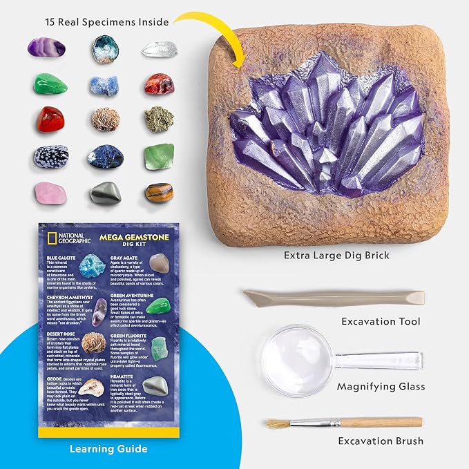 NATIONAL GEOGRAPHIC Mega Gemstone Dig Kit – Dig Up 15 Real Gemstones and Crystals, Science Kit for Kids, Gem Digging Kit, Gift for Girls and Boys, Mining Kit, Rock Collection | Amethyst, Pyrite, Quartz & More, Gem Mining Activity, Excavation Tools, Mag...