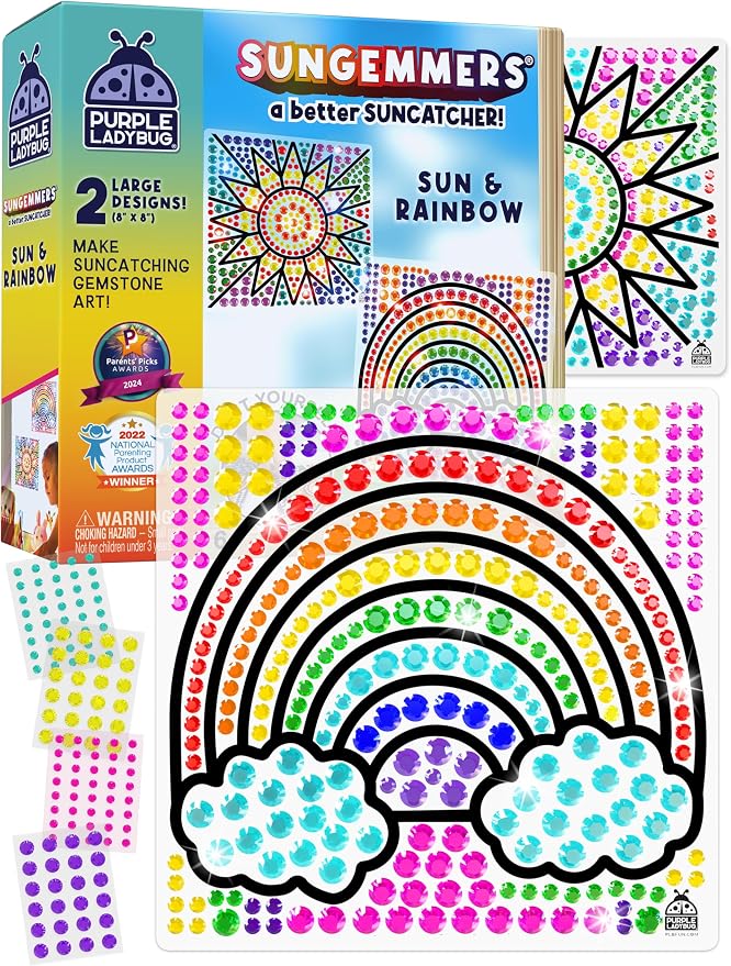 SunGemmers Suncatcher Kits for Kids, No Mess Crafts for 5 Year Old Girls | 2 Designs, Hundreds of Peel & Stick Colorful Gems, Hand-Eye Coordination, Screen-Free Activity, Gift for 6 Year Old Girl