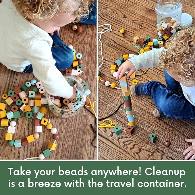 Blu Jay Wooden Lacing Beads & Strings 125 Pieces, Fine Motor Skills Toys for 3 Year Old, Fine Motor Toys, Toy Lacing Beads for Toddlers - Boho Colors