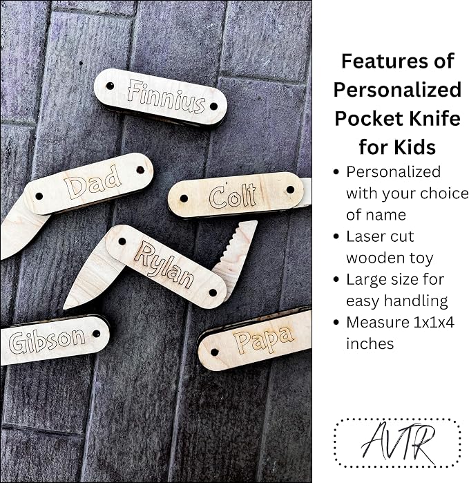 Personalized Wooden Pocket Knife Toy for Kids | Pretend Play Folding Camping Toy | Children Adventure Toy | Outdoor Explorer Gift for Boys & Girls Ages 3+