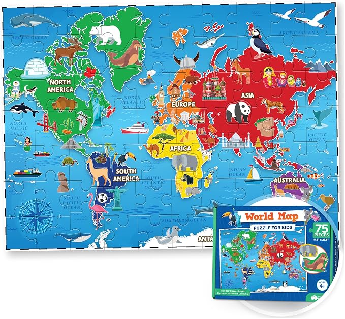 World Map Puzzle for Kids - 75pc World Puzzle with Continents, Landmarks - Childrens Jigsaw Geography Puzzles for Kids Ages 4-8, 5, 6, 7, 8-10 Year Olds - Globe Atlas Puzzle Maps Learning Games Gifts