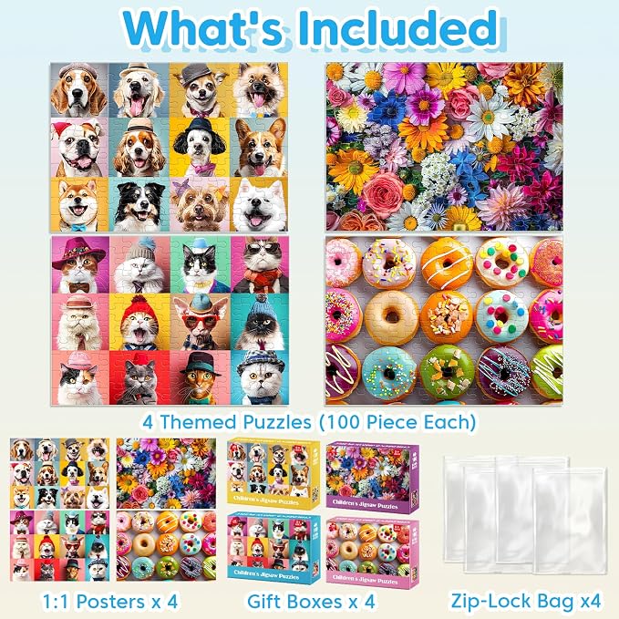 Jeacirio 4 Pack 100 Piece Puzzles for Kids Ages 4-6 6-8 8-10, Dogs Cats Flowers Donuts Jigsaw Puzzles for Kids, Educational Puzzle Toys with Posters Bags, Gifts for Boys Girls Ages 4-8