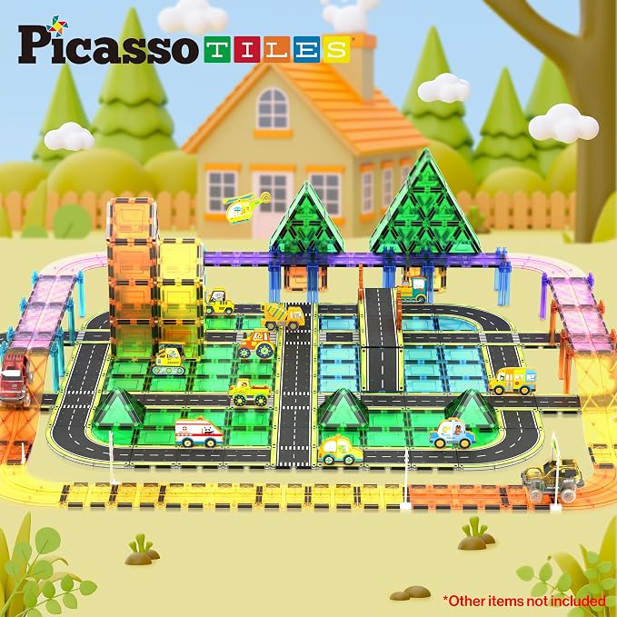 PicassoTiles Magnetic Building Tiles Car Track Magnet Vehicle Adventure Theme Printed Street Road Runway Speedway Highway Block Construction Expansion Add-on Education Learning Toys for Kids 3+ PTE16