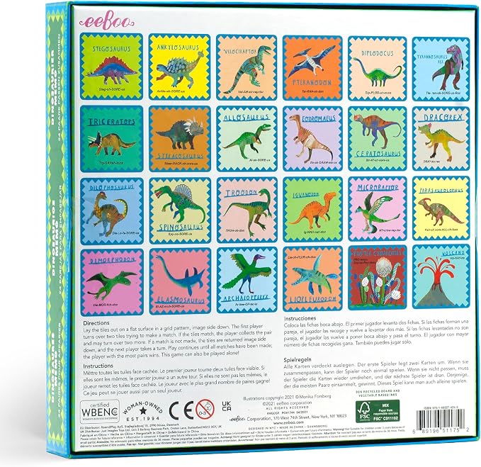 eeBoo Shiny Dinosaur Memory & Matching Game, Ages 3+, 1-4 Players | Teaches dinosaur names & pronunciation. Sharpens recognition, concentration & memory skills. Includes 48 foil tiles, 24 pairs