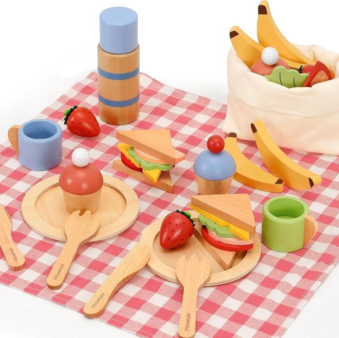 Pillowhale Wooden Play Food Set for Kids, 32-Piece Pretend Picnic Toy with Sandwiches, Fruits, Cups & Plates, Canvas Bag & Mat, Toddler Role Play Toys Ages 3+