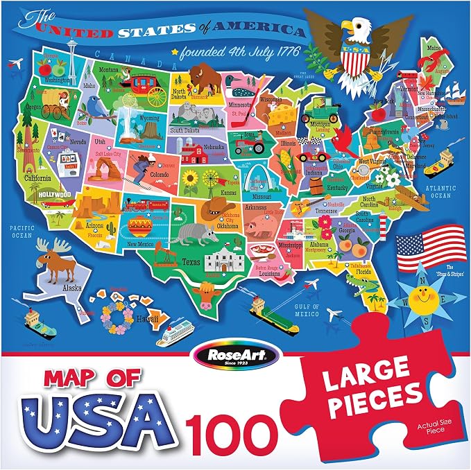 RoseArt Map of USA Puzzle for Kids – 100 Large Pieces, 24" x 18" – Educational United States Puzzle with Fun State Illustrations – Made in USA – Learning Toy for Ages 6+