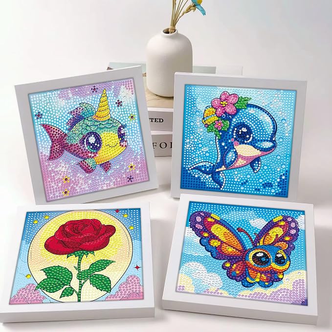 Reofrey Diamond Art Kits for Kids with Frame, 5D DIY Rooster Diamond Painting Kits, Fun Arts and Crafts Gift for Girls & Boys Ages 4-12, Creative Educational Toy for Beginners (7x7 Inches)
