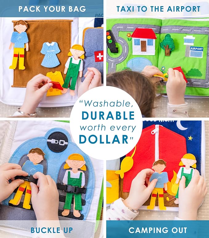 Curious Columbus Away We Go Busy Book, Fabric Travel Activity Quiet Book | 10 Colorful Vacation-Themed Pages, Motor Skill Activities, Sewn-In and Removable Pieces, 3D Pop-Ups, Airplane Travel Toy