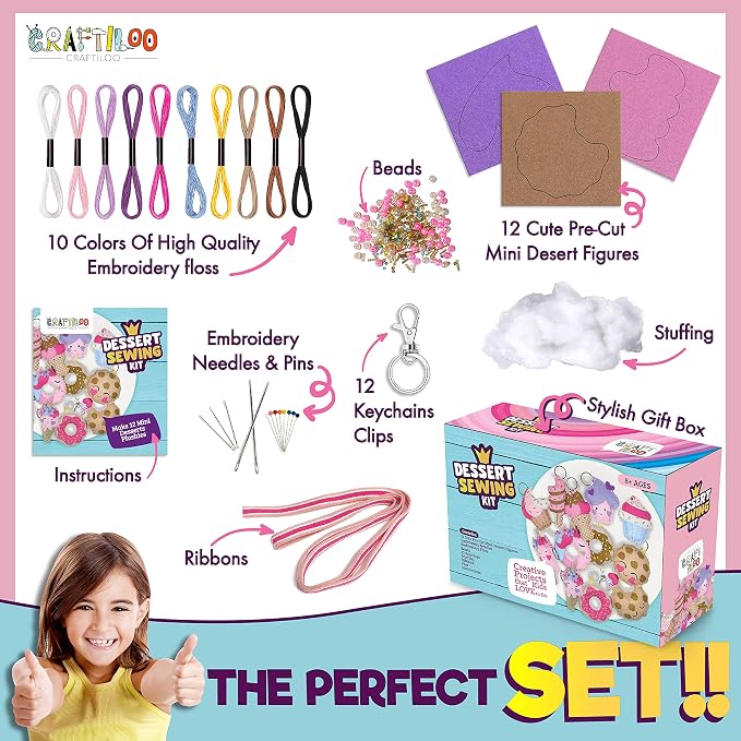 Dessert Sewing Kit for Kids Ages 8-12 - 12 Pre-Cut Felt Plush Treats