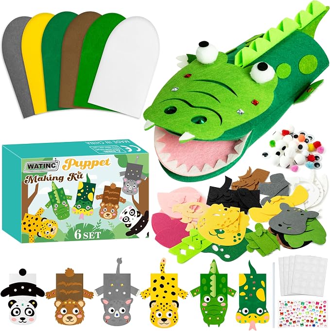 WATINC Hand Puppet Making Kit, Felt Sock Puppet Toys for Kids (Wild B) | 6 Styles, Make Your Own Storytelling & Role Play Crafts, Creative Group Activity, Party Favors & Gifts for Kids Ages 4-8