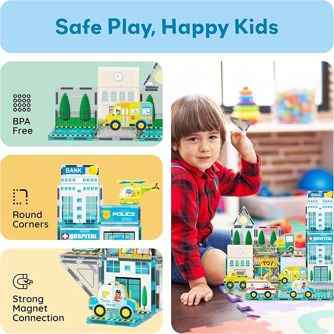 PicassoTiles Metro City Hospital Magnetic Tiles, STEM Building Set Ages 3+ | 8 vehicles and figures, illustrated road and rescue scenes, imaginative role play, screen-free learning for curious minds