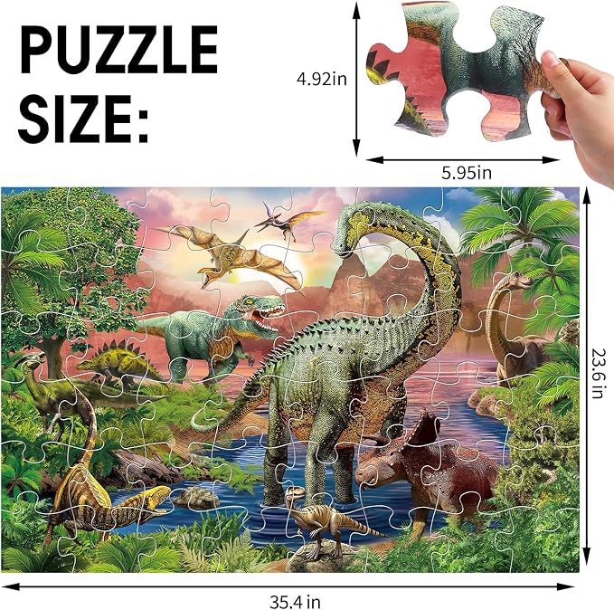 Jumbo Floor Puzzle for Kids,48 Piece Forest Dinosaur Jigsaw Puzzle Ages 3-8 | Thick Cardboard Forest Dinosaur Puzzle for Preschool Learning,Toddlers Ages 3-8,35x24 in Completed,Gift for Boys and Girls