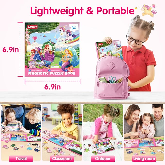 SYNARRY Unicorn Mermaid Princess Magnetic Puzzles for Kids 3-5, Travel Toys | 20-Piece Magnetic Travel Puzzle for Kids Ages 4-6, Car Airplane Road Trip Activities, Quiet Time Toys, Girls Birthday Gifts