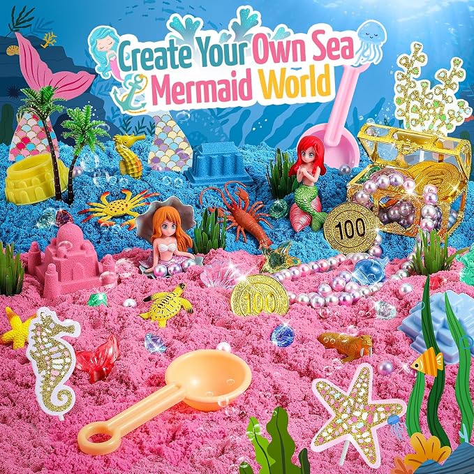 KNASON Mermaid Sensory Bin, Play Sand Kit for Girls and Boys Ages 3 4 5 6 7 | Mermaid Toys, 2.2lbs Sensory Play Colored Sand, Sandbox with Lid, Treasure Chest with Gems, Gift for Kids Ages 3 4 5 6 7 8