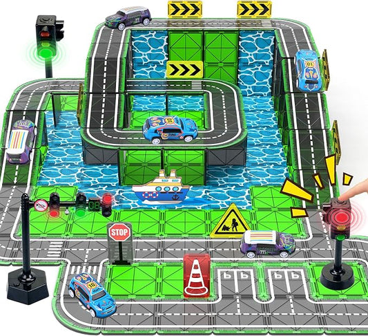 Magnetic Tiles for Kids Ages 4-8, Road Set with Traffic Light Boy Stem Toys | Traffic City Center Expansion Set, Pullback Car, Ship, Race Track, Preschool Building Blocks Toy, Gifts for 4+year old