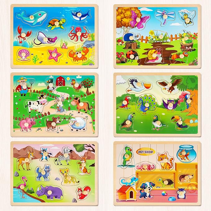 SYNARRY Wooden Puzzles for Toddlers 1-3, 6XSET Animals Puzzles for Toddlers 2-4 with Rack, Toddler Puzzles Ages 2-4, Kids Learning Educational Montessori Toys, Education Toys for 2 3 Years Boys Girls