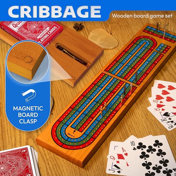Cribbage Board Game Set with Storage - Classic Game Travel Cribbage Board with Wooden Card Storage for Adults & Kids - Ideal for Game Night