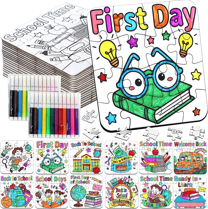 24 Sets Back to School Crafts for Kids Ages 4-8, DIY First Day of School Arts Kits Puzzle Book Glasses Apple Pencil, Christian Gifts for Classroom Activities, Party Favors, Coloring Game Bulk Supplies