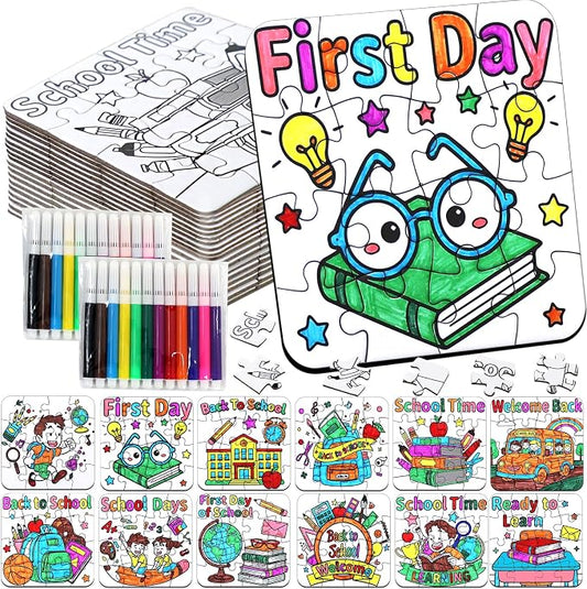 24 Sets Back to School Crafts for Kids Ages 4-8, DIY First Day of School Arts Kits Puzzle Book Glasses Apple Pencil, Christian Gifts for Classroom Activities, Party Favors, Coloring Game Bulk Supplies