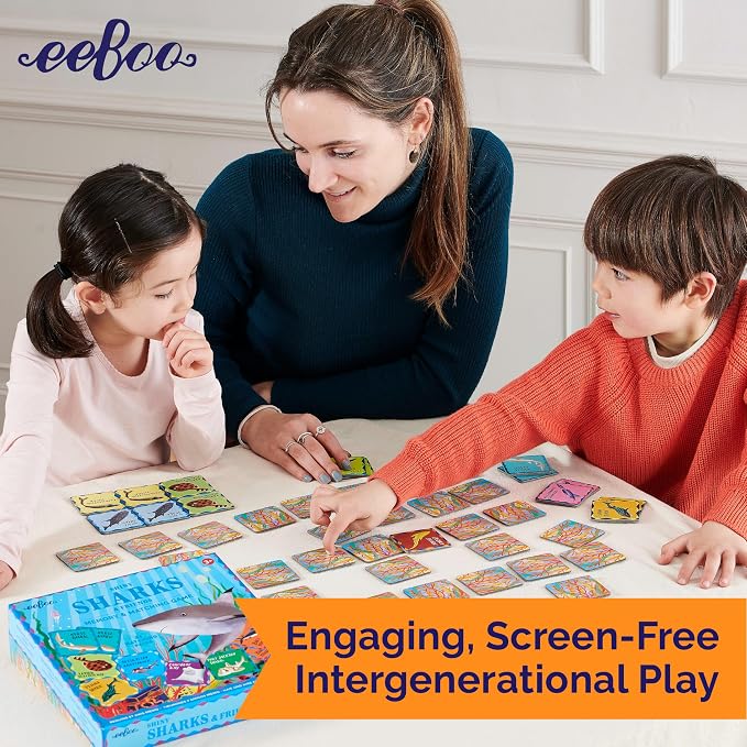 eeBoo Shiny Sharks & Friends Memory & Matching Game, Ages 3+, 1-4 Players | Introduces sharks & marine life. Sharpens recognition, concentration & memory skills. Includes 48 foil tiles, 24 pairs