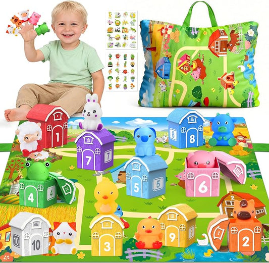 Montessori Farm Animal Toddler Toys Sorting Finger Puppets Playmat | Montessori Learning toys, 10 animal finger puppets, 2-in-1 playmat storage bag, matching game for toddler preschool gift