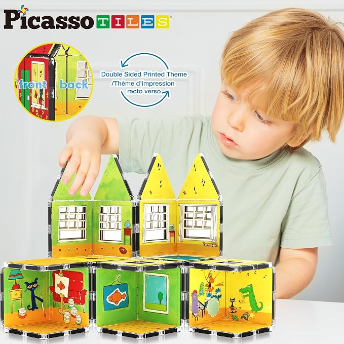PicassoTiles Magnetic Tiles Pete the Cat Home Theme Building Blocks Double Sided Printing Toddler Magnet Toys Education STEM Learning Kit Construction Brain Development Preschool Kid Game Boy Girl 3+