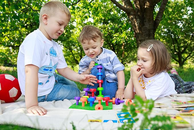 Toddler Peg Board Sensory Montessori Fine Motor Skills Educational Toys - 30 Stackable Pegs + Pattern Card + Drawstring Backpack + E-Book