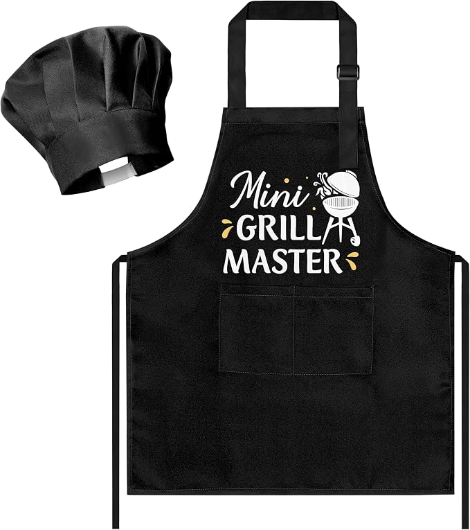 R HORSE Kid Apron and Chef Hat Set 2Pcs Adjustable Black Mini Grill Master Children Kitchen Apron, Dress up Role Play Chef Toy Funny Cooking Baking Painting and Training Kits for Kids Birthday Gift